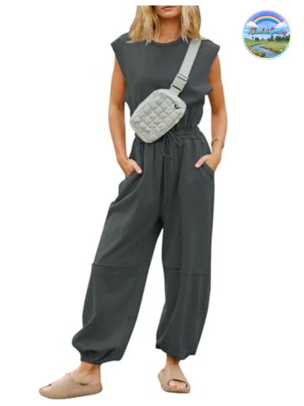 Womens Casual Jumpsuit Crewneck One Piece with Pockets